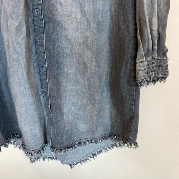 Mazik Gray Denim Dress Long Sleeve Womens Medium Frayed Hem Pockets - Picture 2 of 5